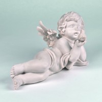 Deko Engel liegend mit einem Vögelchen in der Hand, 32 cm, weiß