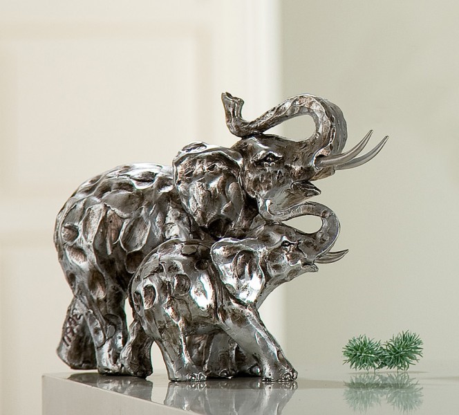 Gilde Handwerk Deko Afrika "Elefantenpaar", 2-teiliges Set, 22 + 17 cm, silber